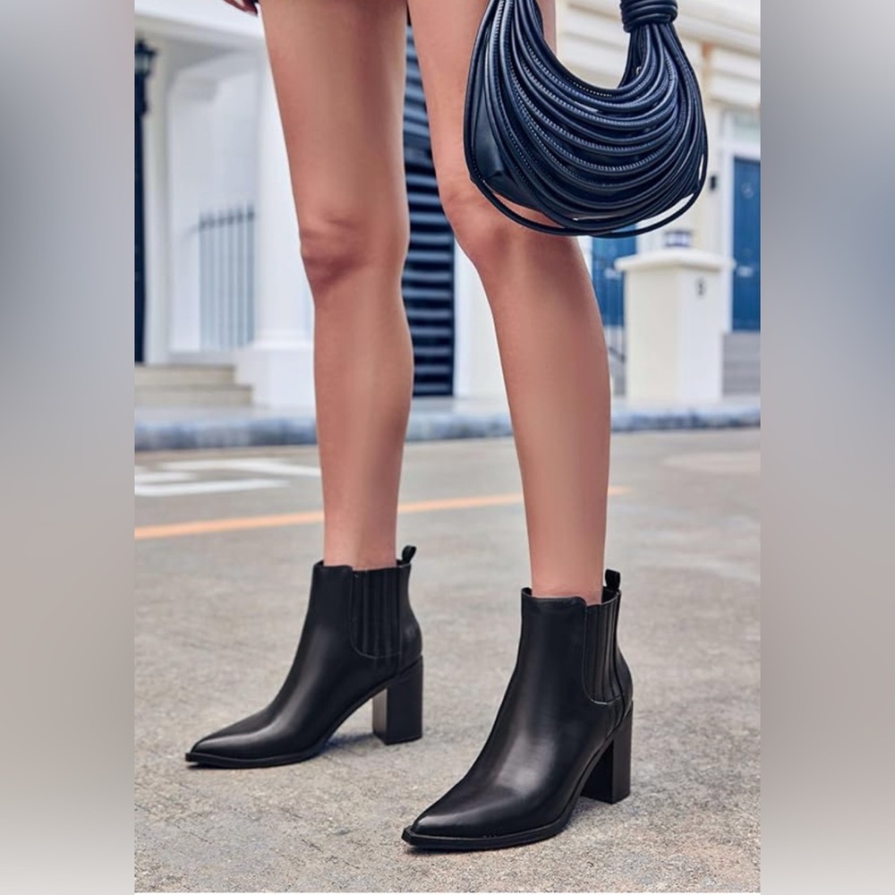 MaxMuxun Chunky Heel Ankle Western Faux Leather Pointed Toe Chelsea Boots